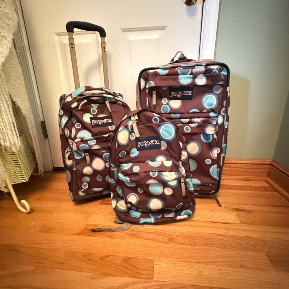 Jansport Brown and Blue Polka Dot Luggage Set
